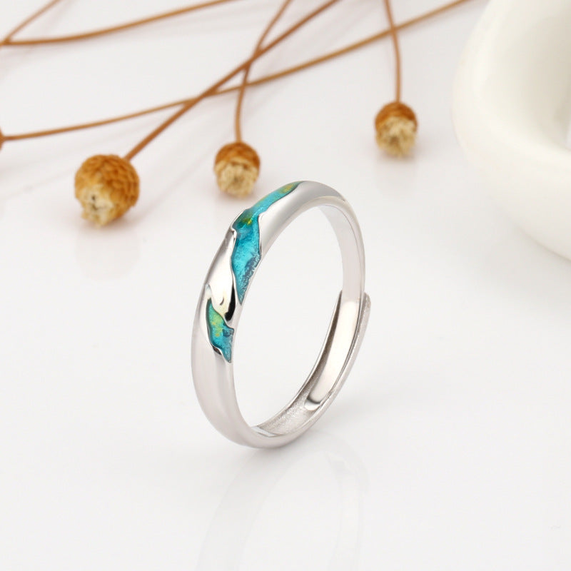 Unisex Adjustable Silver Ring Geometric Shape Opening Band For Couples Color Coordinated Persimmon Accent Tone Shine