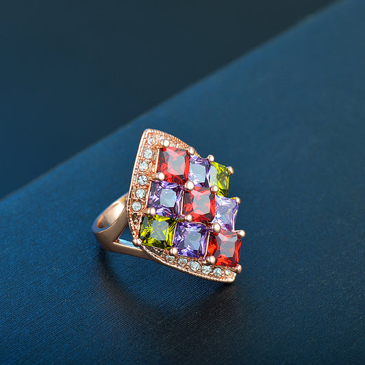 Vintage Colorful Zircon Ring For Women Rose Gold Copper Jewelry Inlaid With AAA Zircon Elegant Craft Shine Gem