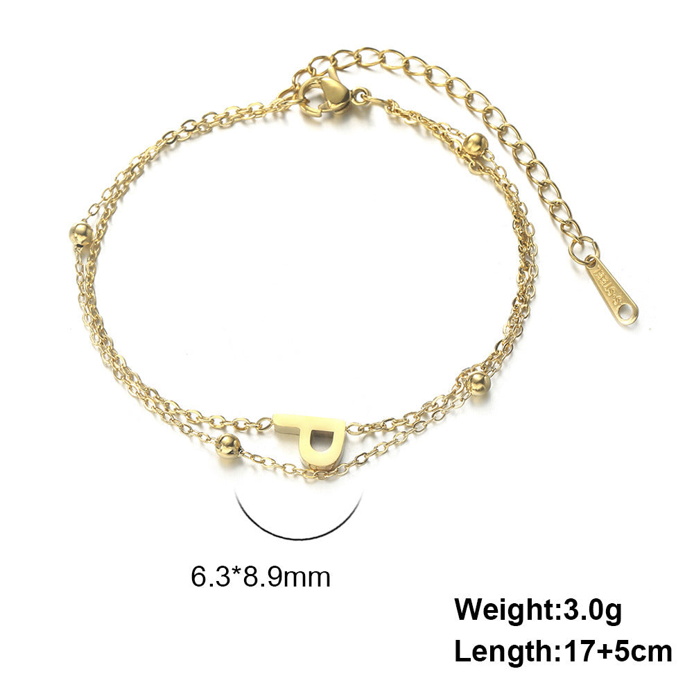 Womens Stainless Steel Double Layer Chain Bracelet With Initial Pendant Electroplated Finish Jewelry Gift Gold