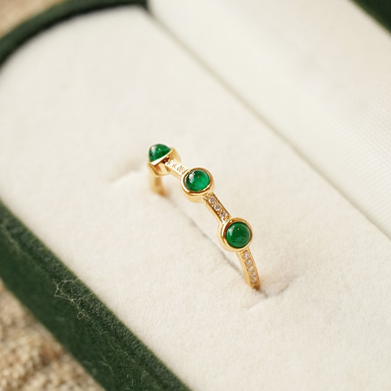 Sterling Silver Green Gemstone Ring For Women Vintage Geometric Electroplated Gold Finish S925 Jewelry Gift Box
