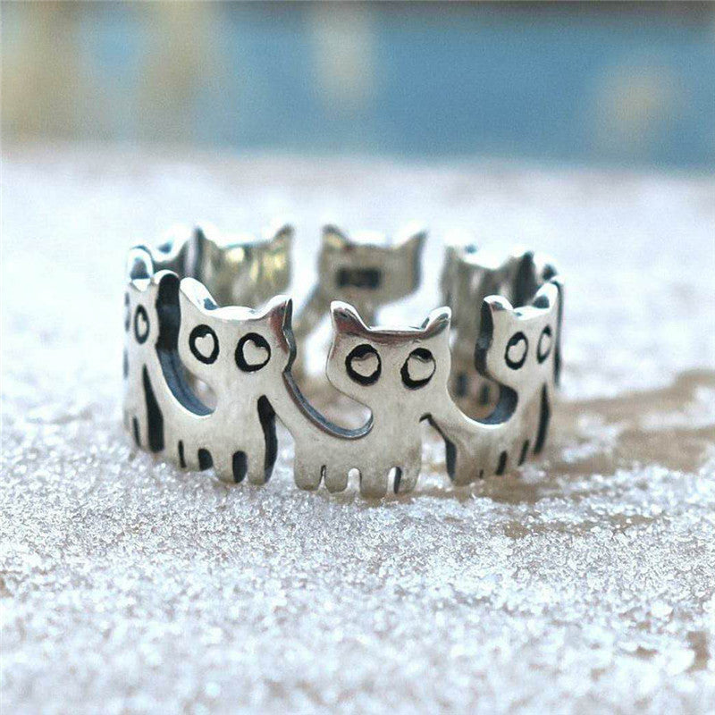 Electroplated Animal Ring Cute Black Cat Retro Thai Silver Design Copper Ring European American Zodiac Jewelry