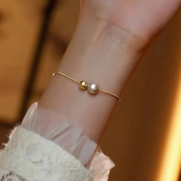 Geometric Copper Bracelet For Women With Double Round Pearl Beads Adjustable Length Bangle Elegant Fashion Jewelry