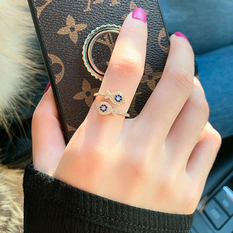 Womens Adjustable Fish Ring Micro Diamond Copper Jewelry