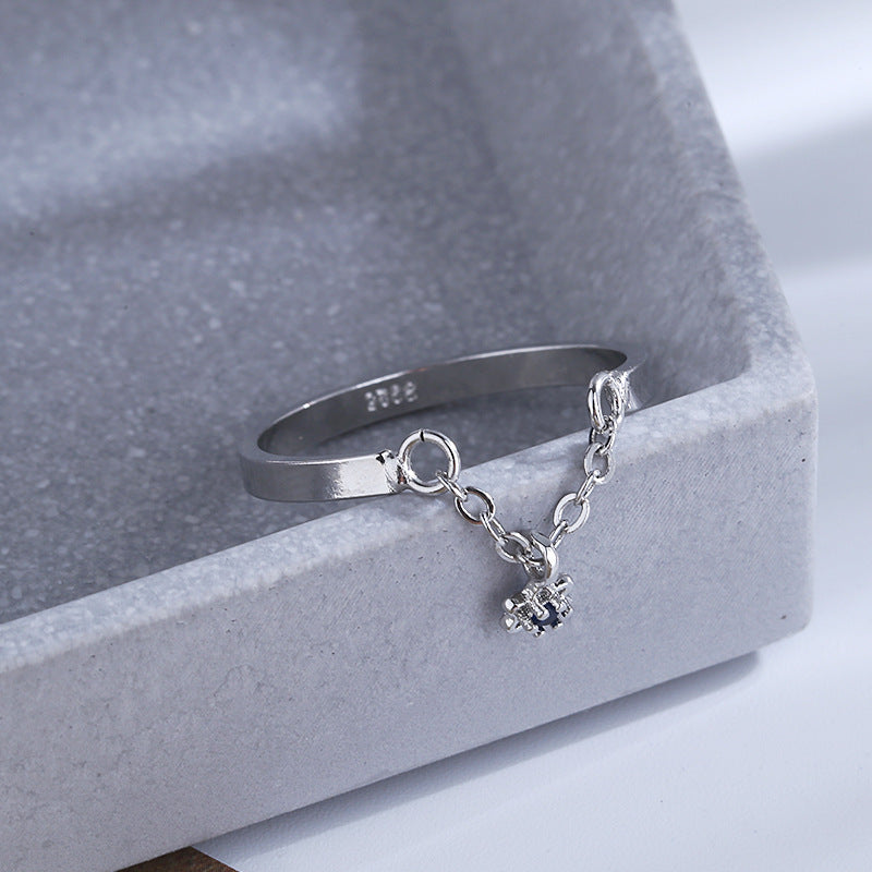 Star Zircon Inlaid Copper Ring with Tassel and Blue Accent Korean Fashion Jewelry Gift for Women Elegant Style