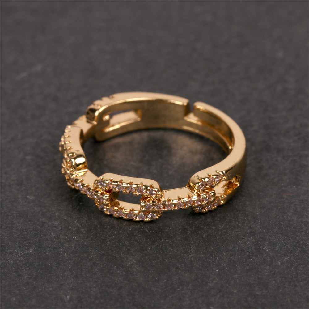 Copper Chain Ring With Zircon Gold Plated Adjustable Fashion Jewelry For Women European American Style Sparkle