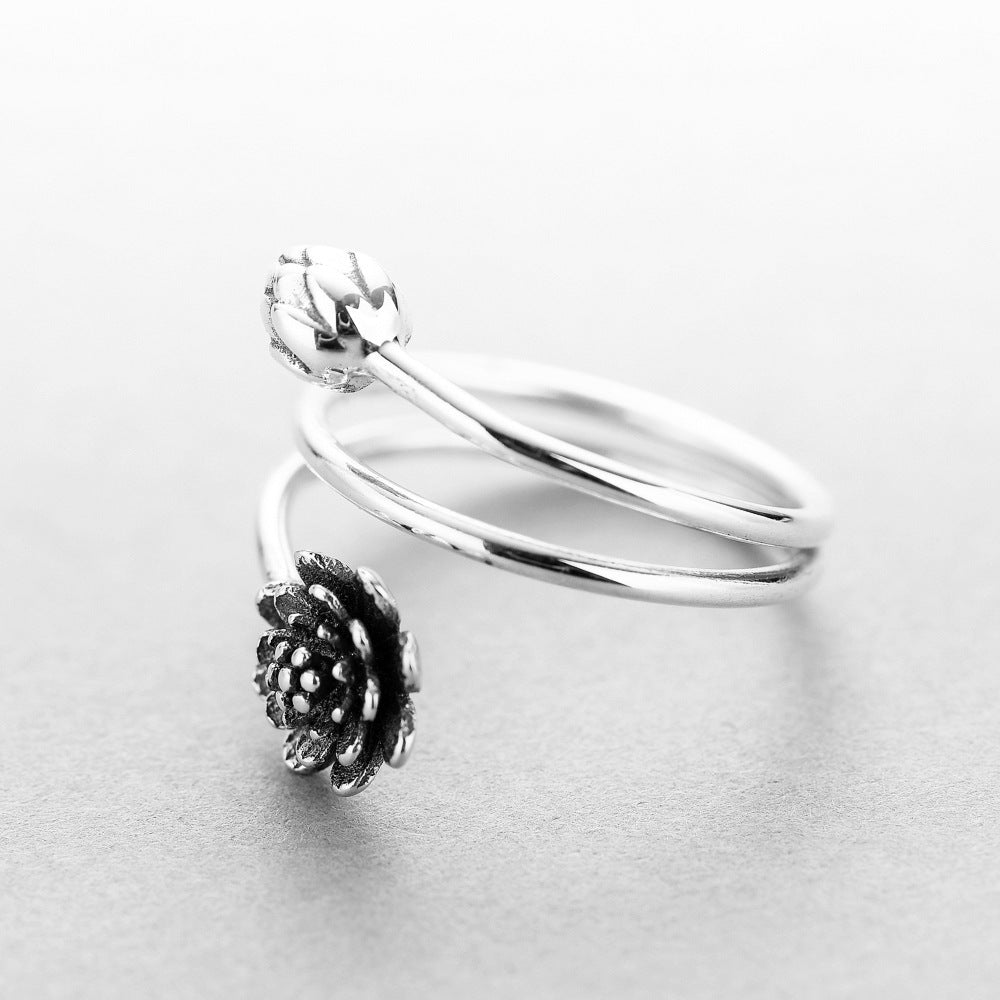 Lotus Flower Vintage Electroplated Unisex Ring Adjustable Opening 925 Silver Purity Birthday Gift Lotus Flower