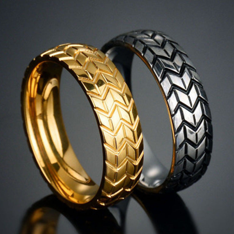 Unisex Metal Geometric Carved Tire Ring Iridescent Design Automotive Ring Gift For Car Lovers Unique Band Ring