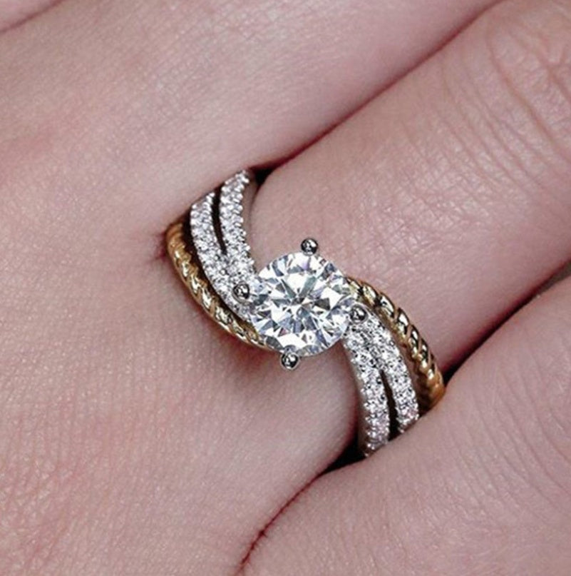 Women Zircon Inlaid Ring Two Tone Gold Plated Copper Geometric Fashion Jewelry Accessory Elegant Statement Wear