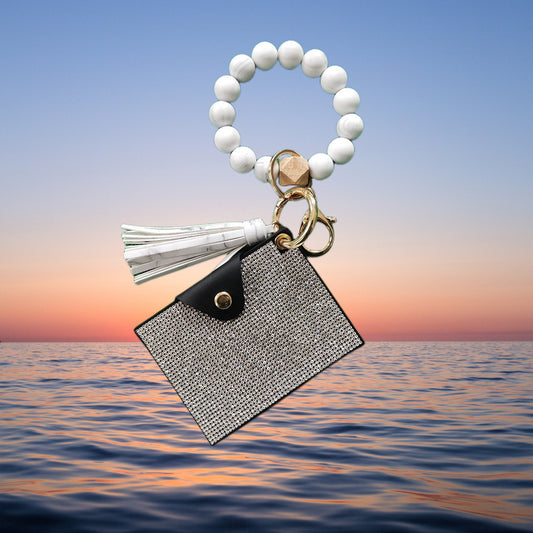 Silicone Beaded Bracelet Keychain With Initial Letter Tassel Rhinestone Key Ring For Key Organization Pastoral