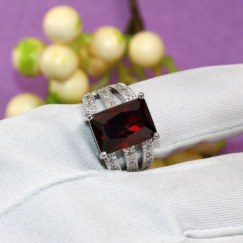 Garnet Red Zircon Skeleton Ring Platinum Plated Copper Jewelry Unique Design Gift For Her Bold Fashion Jewelry