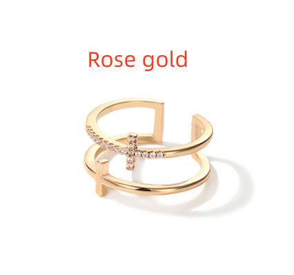 Womens Double Ring Gold Plated Copper Ring With Cross Crown Roman Numeral Patterns Lightweight Fashion Jewelry