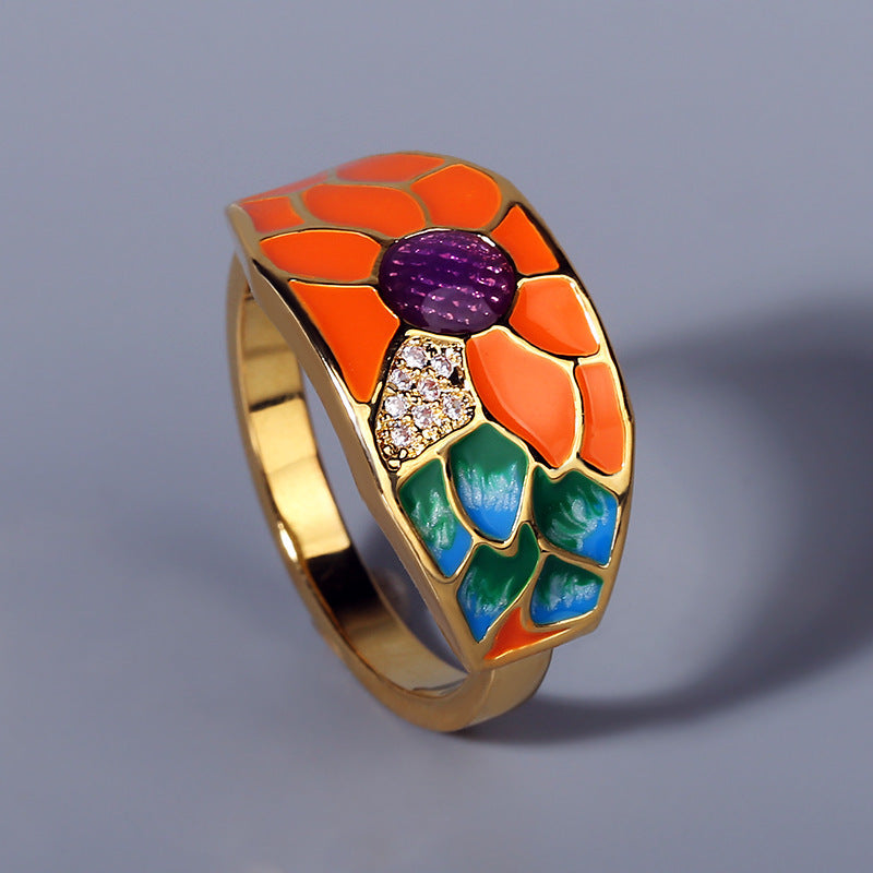 Womens Flower Enamel Ring Diamond Accent Brass Alloy Inlaid Fashion Jewelry Gift For Her Elegant Statement Piece