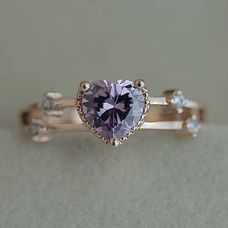 Womens Heart Ring Purple Zircon 14k Plated Copper Ring European American Fashion Jewelry Inlaid Heart Ring Gift For Her