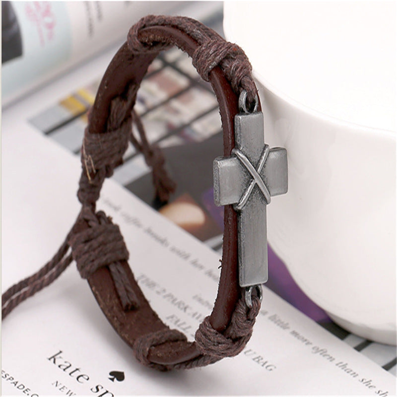 Leather Cross Bracelet For Men And Women Vintage Brown Cowhide Alloy Adjustable Length First Layered Wristwear