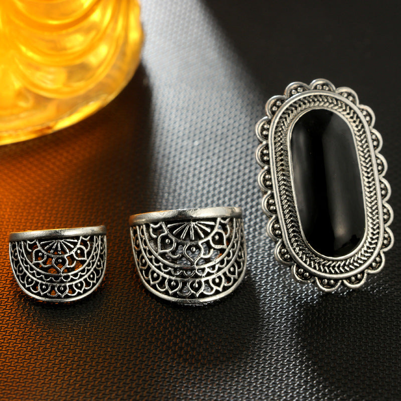 Vintage Black Gem Ring Set 3 Piece Alloy Electroplated Jewelry for Women and Girls Individually Packed Vintage
