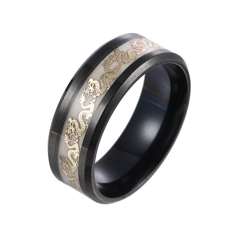 Unisex Titanium Steel Ring With Fluorescent Double Dragon Mosaic Inlays Simple Band For Men And Women Everyday