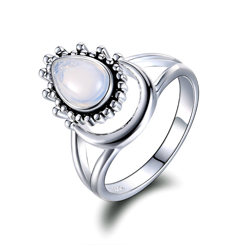 Moonstone Ring Sterling Silver Inlaid Gemstone Copper Band For Women European American Jewelry Elegant Craftsmanship