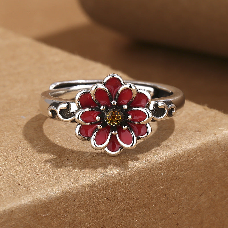 Adjustable Copper Ring With Open Design Vintage Flower Lotus Petal 11mm Bloom Width Fashionable Ring Fashion Accessory