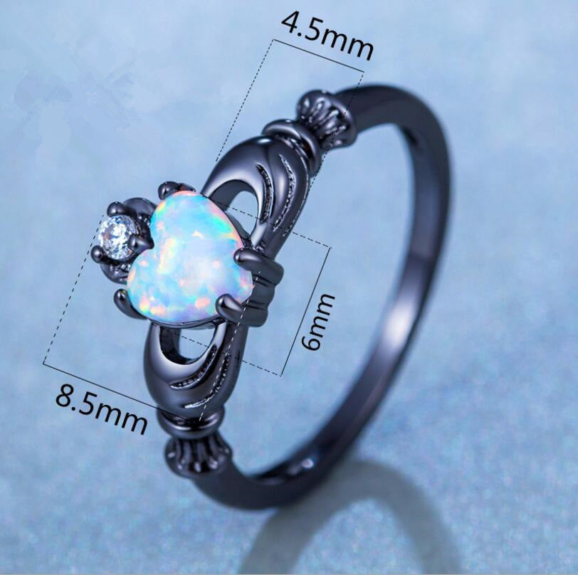 Womens Heart Ring Electroplated Alloy With Opal Stone Accent Crown Ring Gift For Her Black Holiday Gift For Her