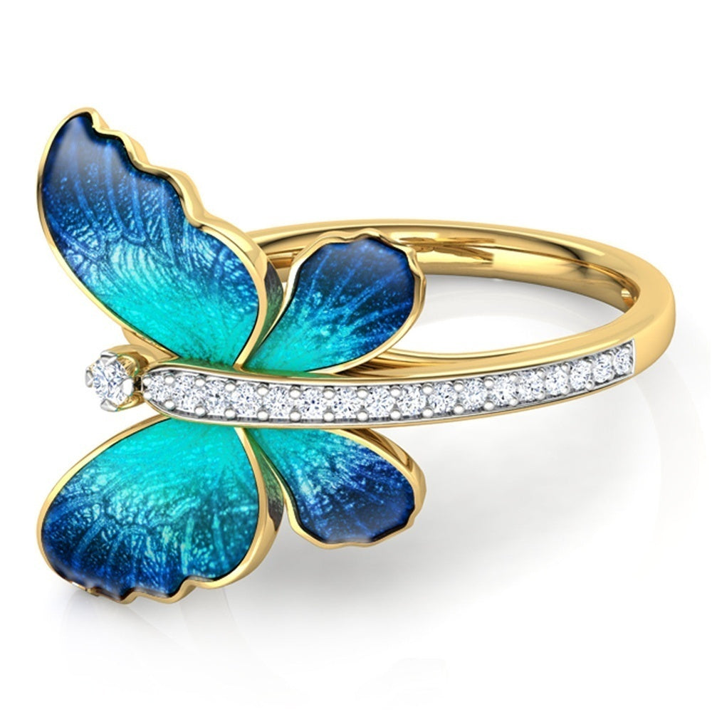 Womens Alloy Ring With Golden Butterfly Inlaid Gems Insect Design Fashion Jewelry Ring Creative Sizes 6 7 8 9 10