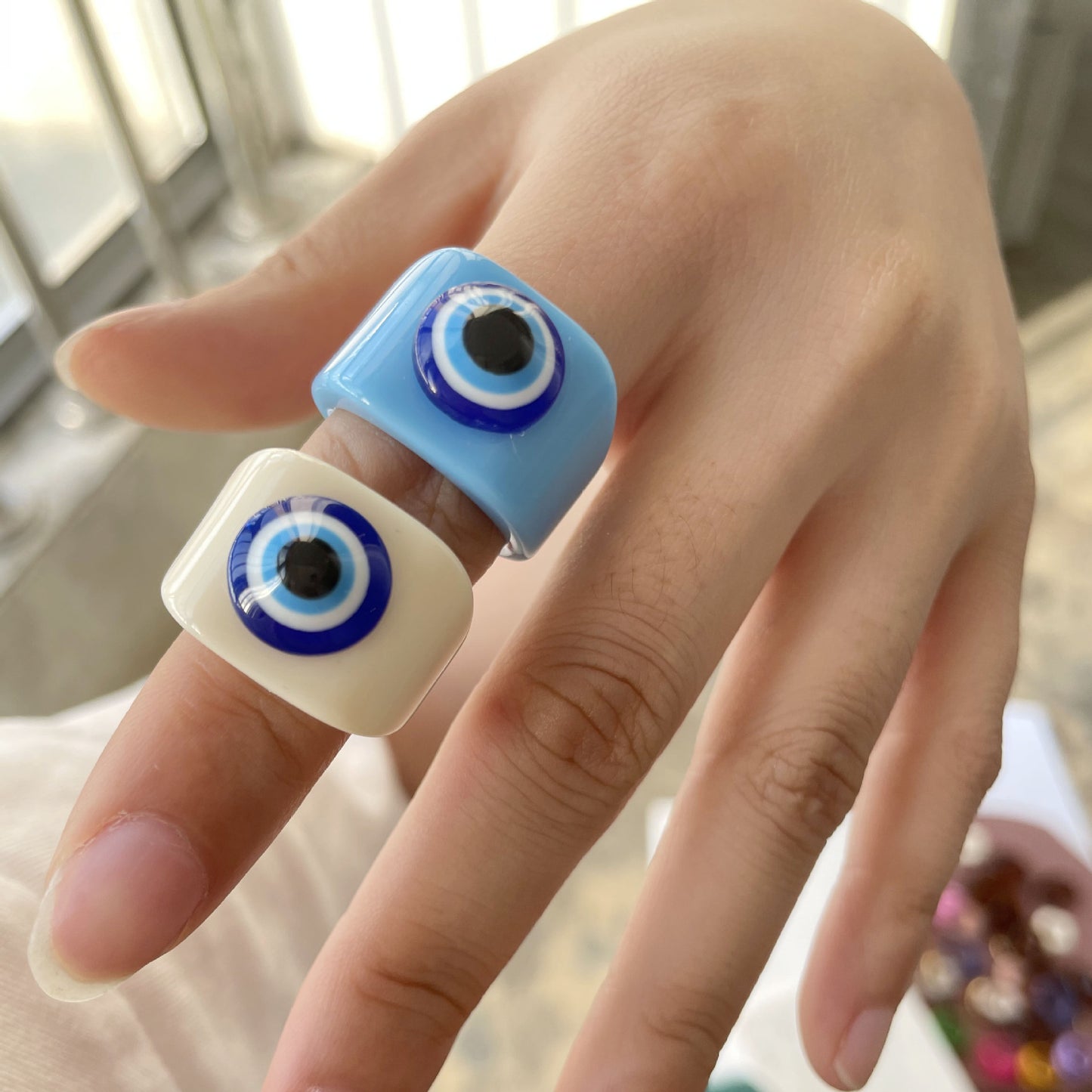 Unisex Adjustable Resin Geometry Ring With Colorful Acrylic Evil Eye Design Non Inlaid Plastic Statement Jewelry