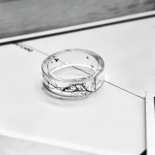 Resin Ring Time Gem Epoxy Jewelry Black White Painting Design European American Inspired Artistic Statement Accessory