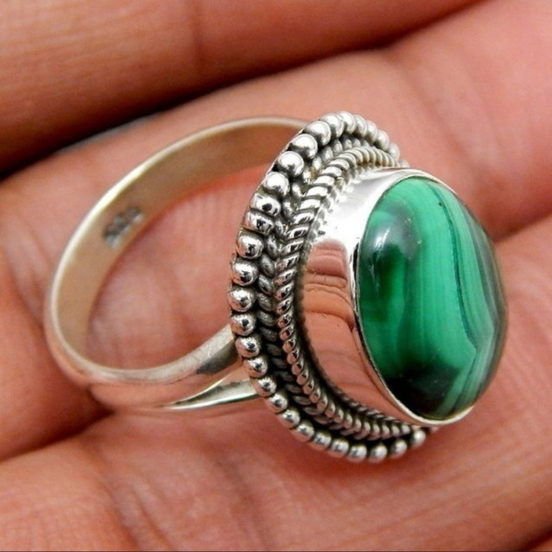 Green Malachite Inlaid Metal Ring Unisex Fashion Jewelry