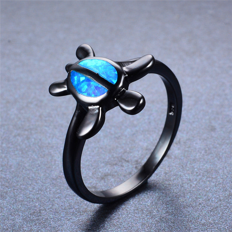 Unisex Black Gold Big Tortoise Oval Ring with Blue Zircon Gemstone Star Inspired Electroplated Copper Fashion Ring Birthday Gift Costume Jewelry