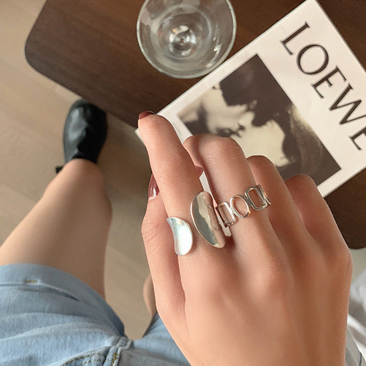 Womens 925 Sterling Silver Rings Geometric Hollow Wide Band Polished Finish Electroplating Fashion Index Finger