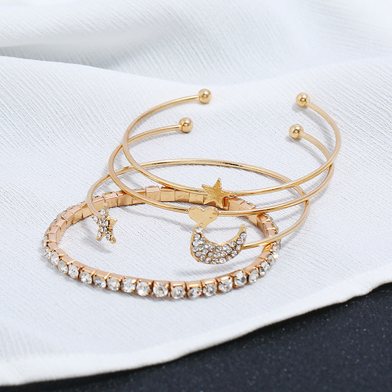 Womens Copper Bracelet Set of 4 Star Diamond Inlaid Star Design Jewelry in KC Gold White K Plated Elegant Set