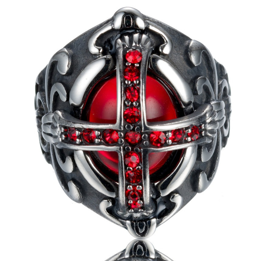 Vintage Stainless Steel Cross Ring With Red Diamond Geometrical Design Mens Ring Wide Band Jewelry Gold Accent