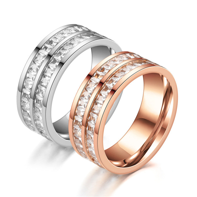 Stainless Steel Ring Double Row Diamond Geometrical Band Unisex Ring For Men Women Fashion Statement Versatile