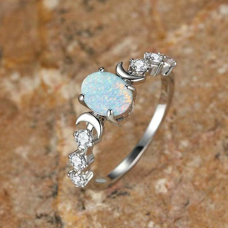 Retro Oval Opal Copper Ring With Geometrical Diamond Studded Design For Women Moon Electroplated Copper Finish