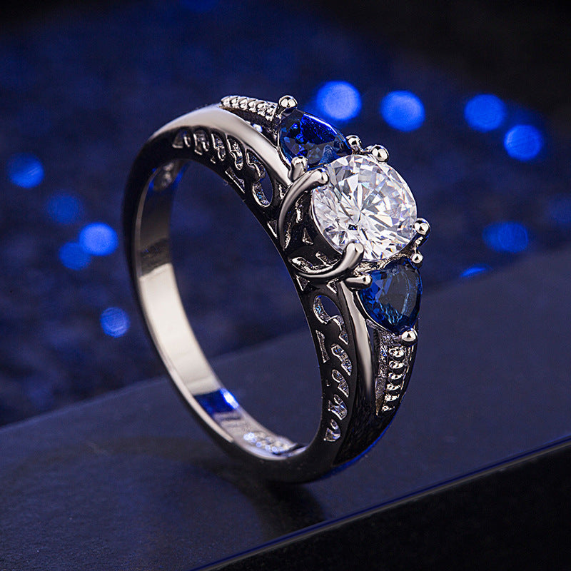 Heart Shaped Blue Rhinestone Zircon Ring Copper White Gold Plated Elegant Dainty Jewelry Gift For Everyday Use