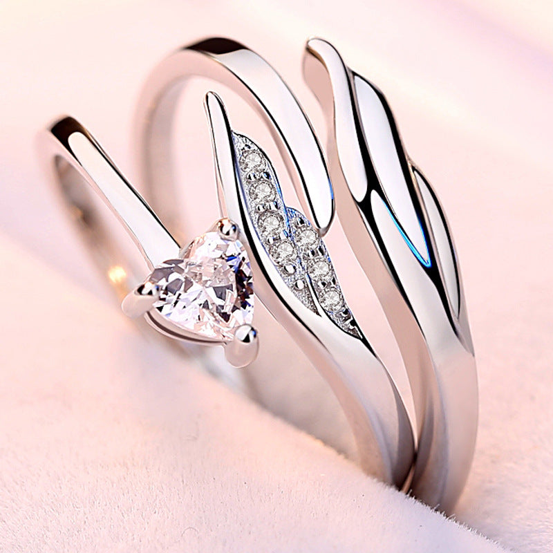 Couple Ring S925 Sterling Silver Zirconia Feather Design Promise Engagement Band For Him And Her Gift For Them