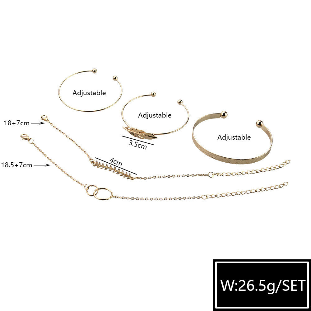 Womens FivePiece Bracelet Set With Wide LeafPattern Double Round Alloy Design Fashion Jewelry LeafBracelet Set