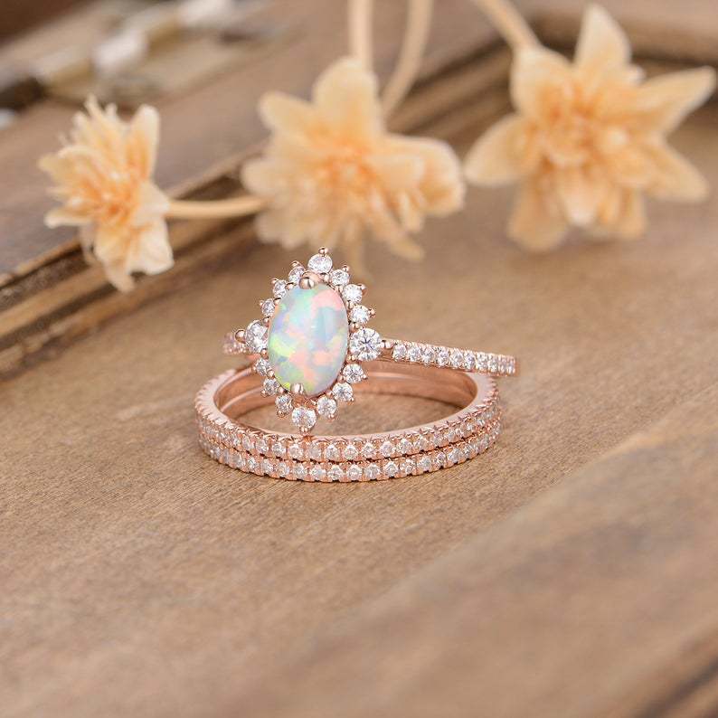Rose Gold Three Piece Ring Set Opal Zircon Lace Inlaid Jewelry For Engagement Wedding Anniversary Gift Elegant Now