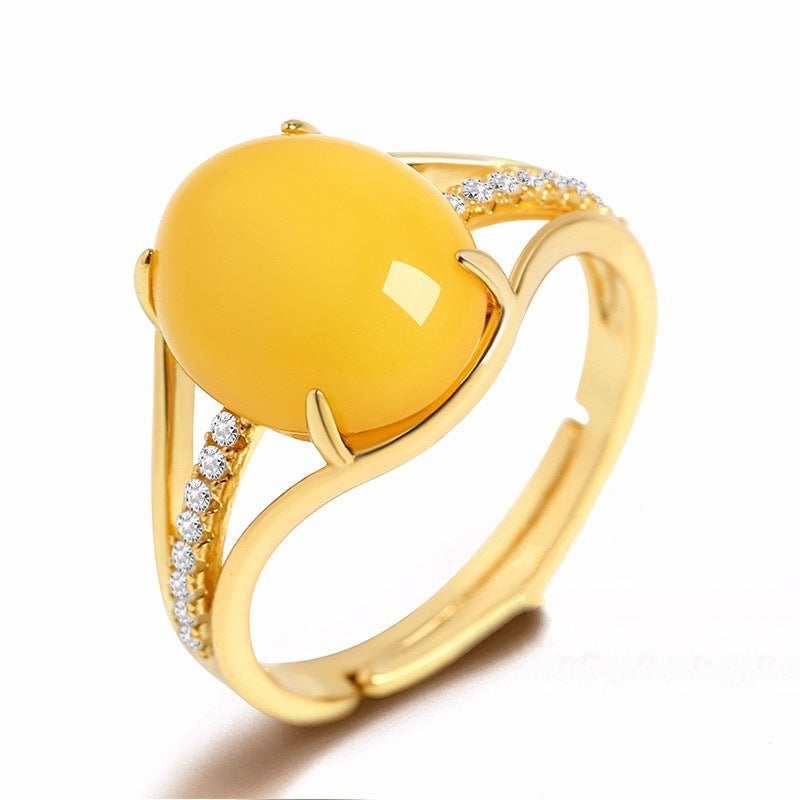 Womens Amber Beeswax Ring Adjustable Platinum Plated Gold Tone Elegant Fashion Jewelry Statement Gift For Hers