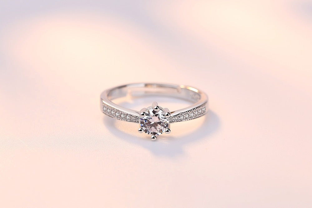 Six Prong Round Zircon Ring Metal Vintage Star Shape Electroplating Birthday Jewelry Six Prong Round Zircon Ring