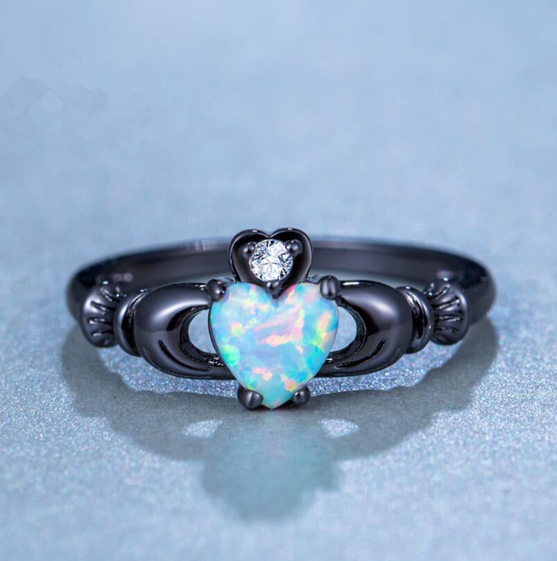 Womens Heart Ring Electroplated Alloy With Opal Stone Accent Crown Ring Gift For Her Black Holiday Gift For Her