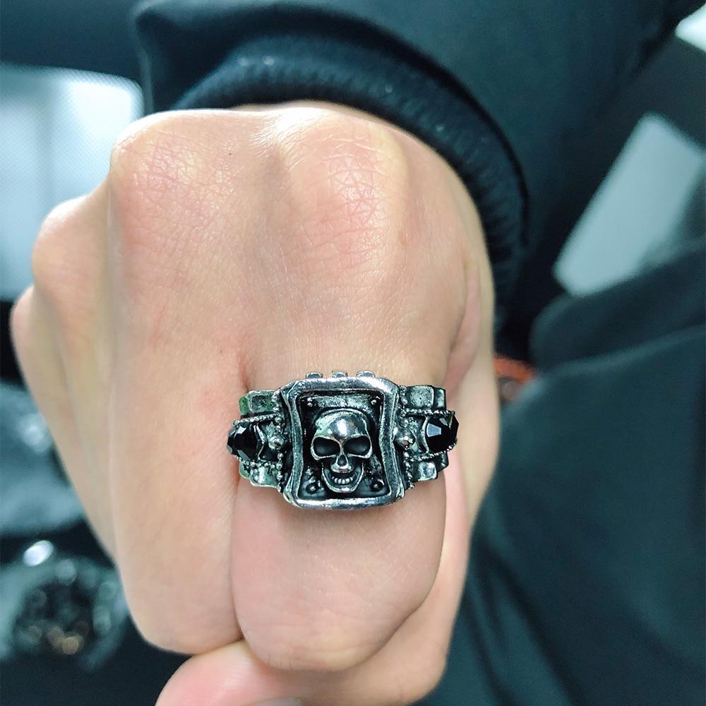 Skull Punk Alloy Ring Black Gemstone Mosaic Mens Ring European American Style Inlay Size 8th 9th 10th 11th New