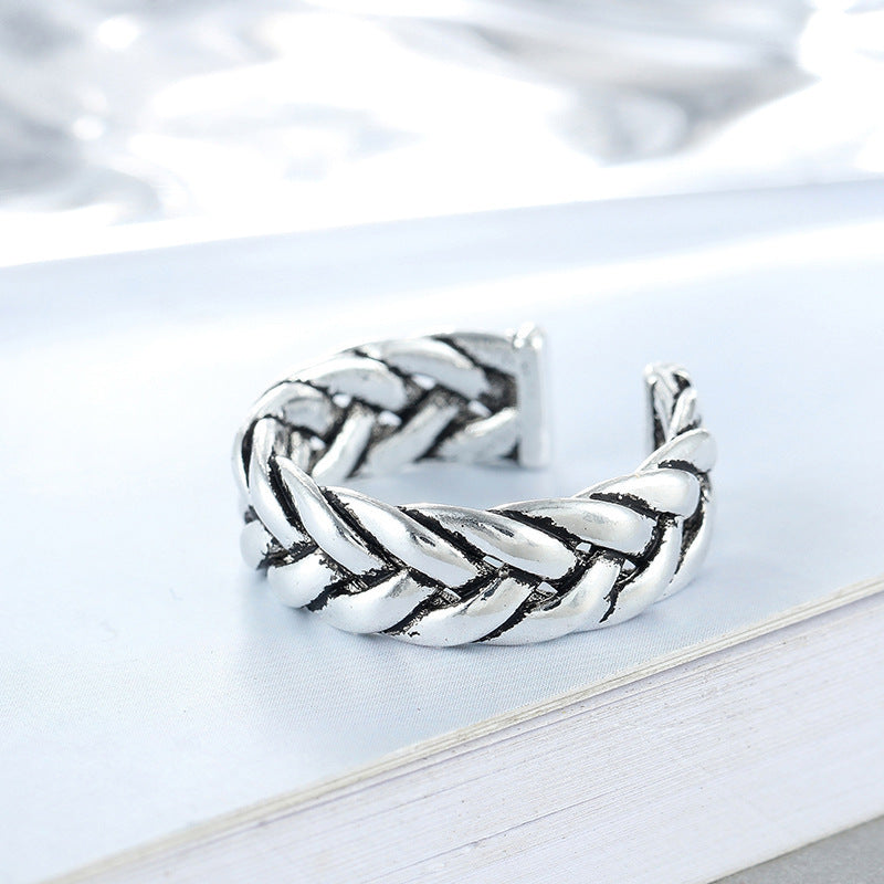 Woven Adjustable Open Ring Two Line Bare Body Design Vintage White Copper 6mm Wide 16mm Inner Diameter High Quality