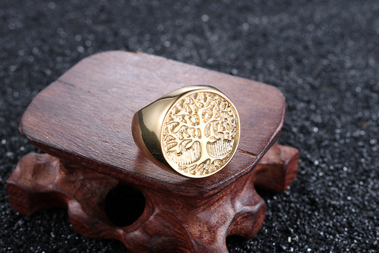 Mens Tree Of Life Ring In Golden Titanium Steel Fashion Punk Style With Geometric Ornament For Everyday Wear Gift