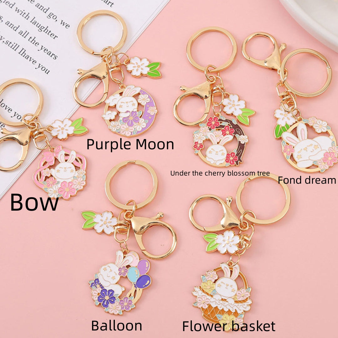 Rabbit Keychain Cartoon Keyring With Cherry Blossom Decoration Flower And Leaf Design Alloy Key Trendy Keyring