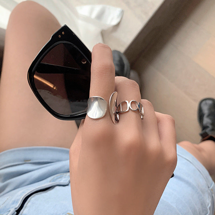 Womens 925 Sterling Silver Rings Geometric Hollow Wide Band Polished Finish Electroplating Fashion Index Finger