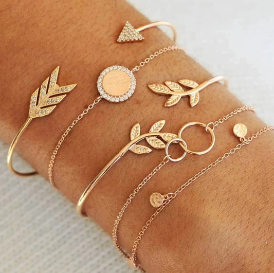 Boho Arrow Leaf Bracelet Set Five Piece Alloy Jewelry