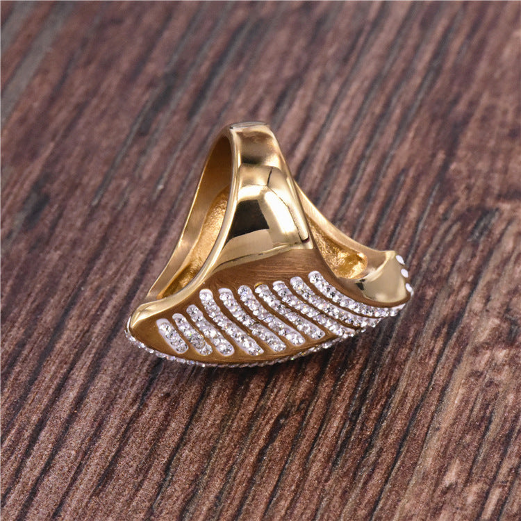 Womens Titanium Steel Ring With Rhinestones Coin Design Gold Electroplated Jewelry Gift For Her Chic Accessory