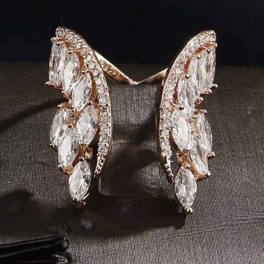 Womens Angel Wing Ring Alloy Electroplated Gemstone Inlaid Elegant Fashion Jewelry Gift For Her Rose Gold Tone Luxe