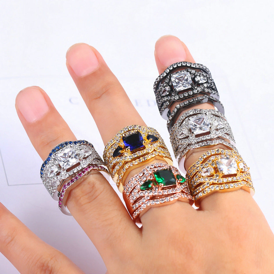 Womens Fashion Three Layer Ring With Square White Zircon Diamond Gold Plated Copper Inlaid European Ring Trend