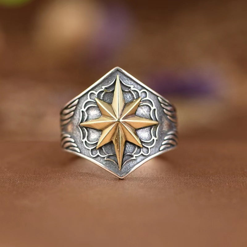 Unisex Adjustable Copper Zodiac Ring Open End Vintage Eight Pointed Star Index Finger Design Ring New Chinese Style